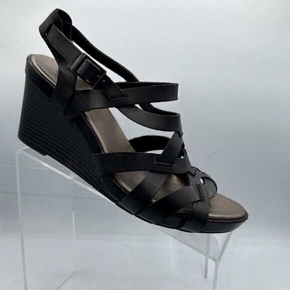 Clarks Bendables Black Leather Strappy Wedge Sandals Women’s 8.5 Comfort Buckle - Picture 1 of 13
